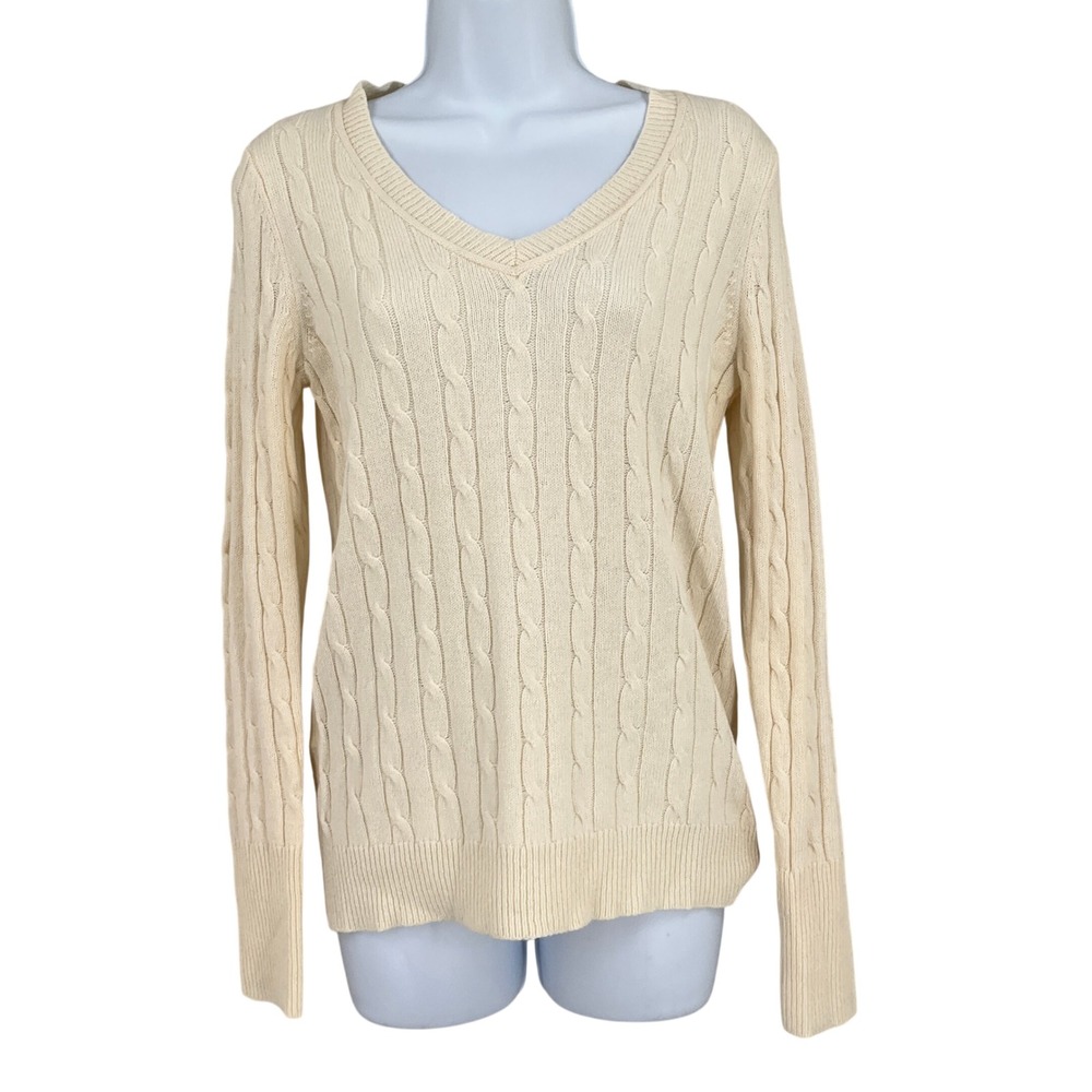 LOFT Sweater Womens Small Cream Wool Blend Cable Knit V-Neck Long Sleeve Classic